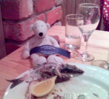 Paddy eating sardines & drinking wine at an expensive restaurant