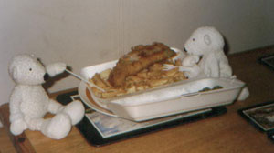 Paddy & Percy eating Fish & Chips 